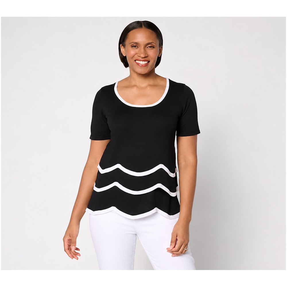 Susan Graver Tiered Scoop Neck Elbow Sleeve Sweater Black, Medium